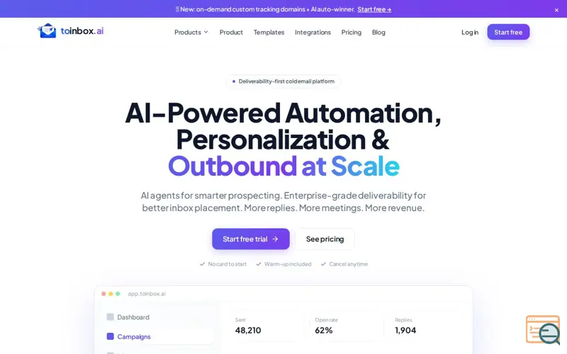 Screenshot of toinbox.ai — AI-Powered Automation, Personalization & Outbound at Scale