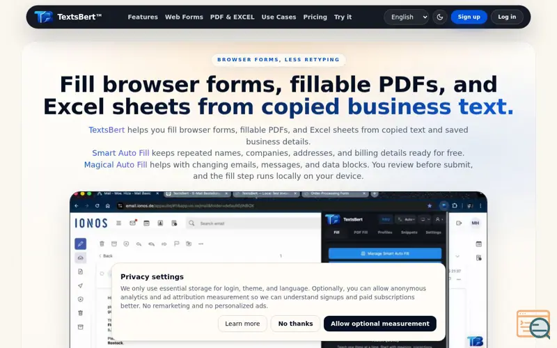 Screenshot of TextsBert™, a launch using Sell With Boost