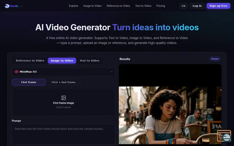Screenshot of AI Video Generator — Text, Image & Reference | WanAI.cloud