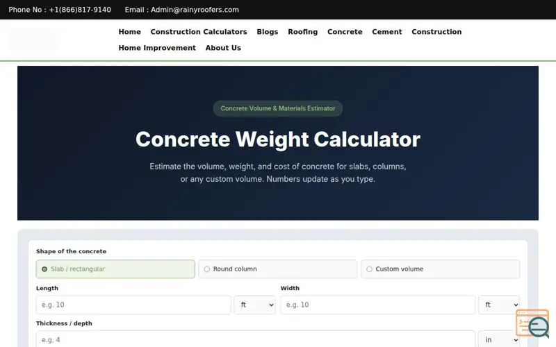 Screenshot of Concrete Weight Calculator, a launch using Tidio