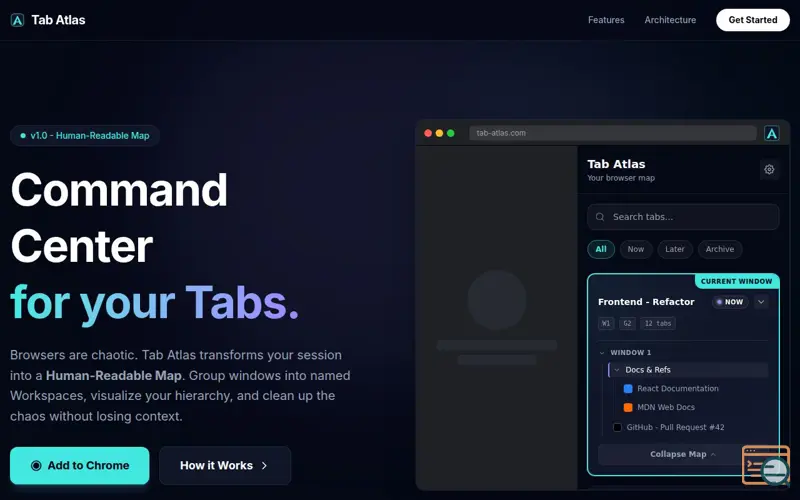 Screenshot of Tab Atlas, a launch using Bluehost