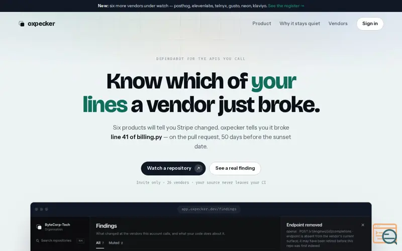 Screenshot of oxpecker — know which of your lines a vendor just broke