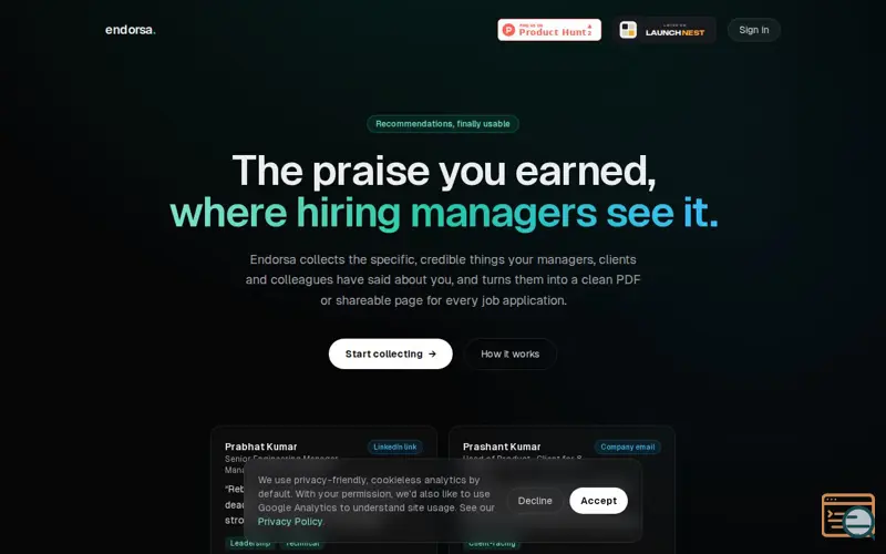 Screenshot of Endorsa: your recommendations, in one place