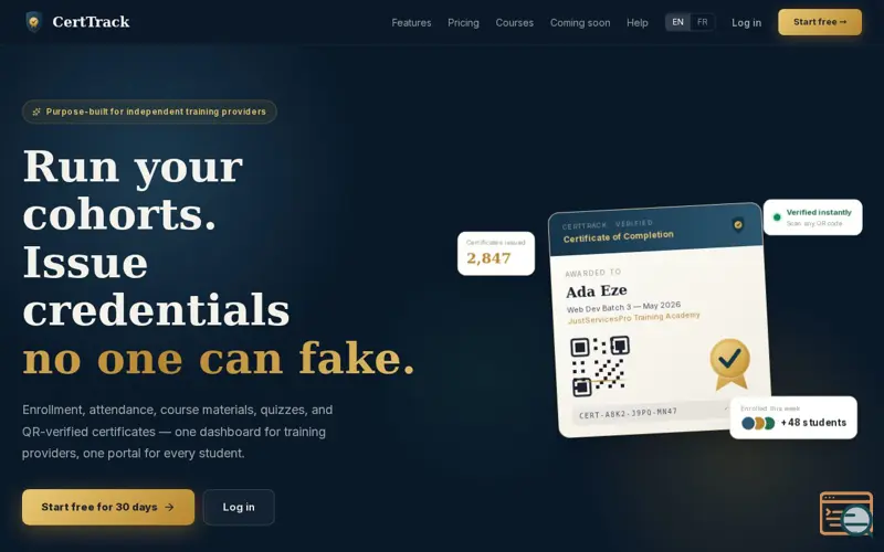 Screenshot of CertTrack