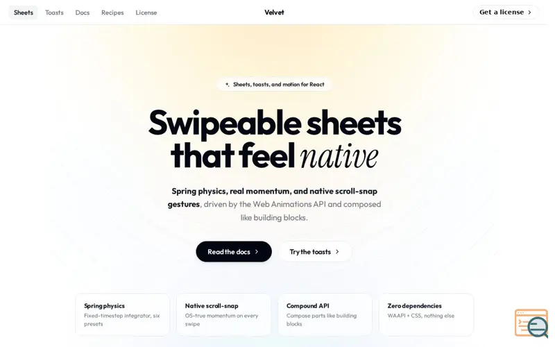 Screenshot of Velvet UI — swipeable sheets and toasts for React