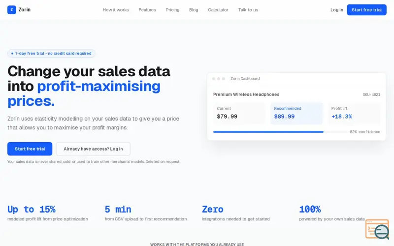 Screenshot of Zorin - Pricing Intelligence for E-Commerce Sellers, a launch using Alternative.tools