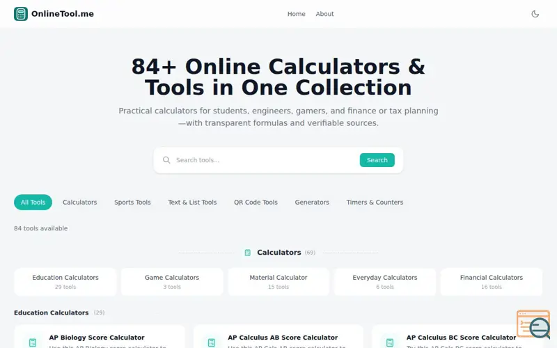 Screenshot of Online Calculators & Tools