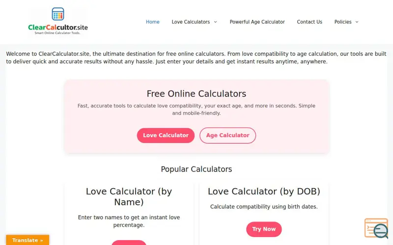 Screenshot of clearcalculator.site, a launch using WP Statistics