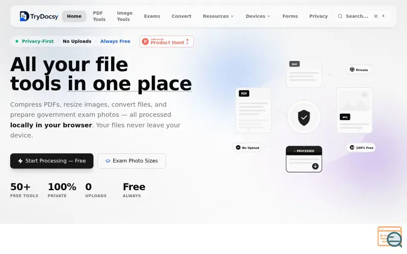 Screenshot of TryDocsy-Modern File Tools, Zero Uploads