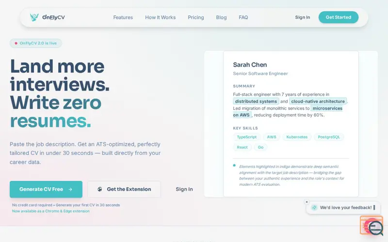 Screenshot of OnFlyCV — AI Resume Builder | Tailored CVs in 30 Seconds