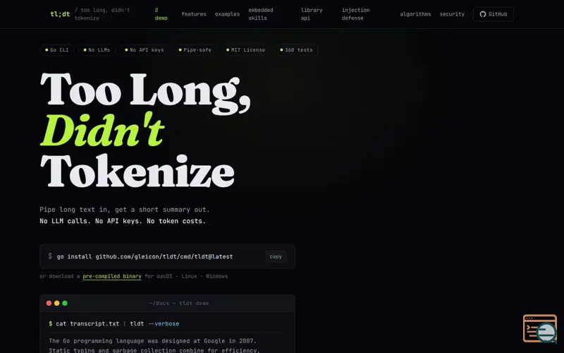 Screenshot of tldt — Too Long, Didn't Tokenize