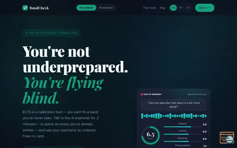 Screenshot of BandCheck — Know your real IELTS band before the exam | Free AI band check