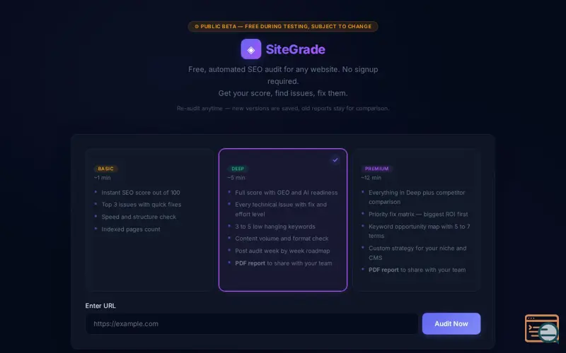 Screenshot of SiteGrade - Free SEO Audit Tool