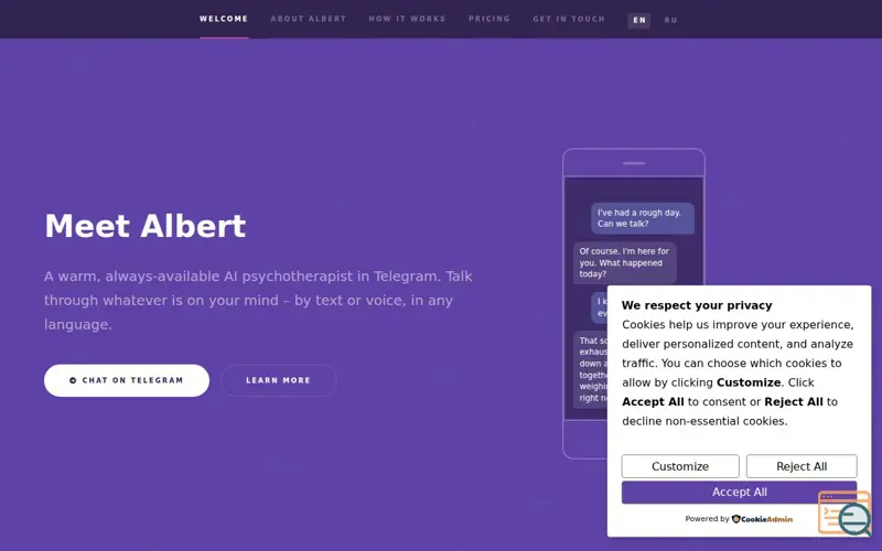 Screenshot of AI psychotherapist Albert · Telegram bot