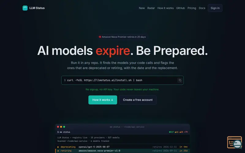 Screenshot of LLM Status — AI model deprecation tracker & CLI checker