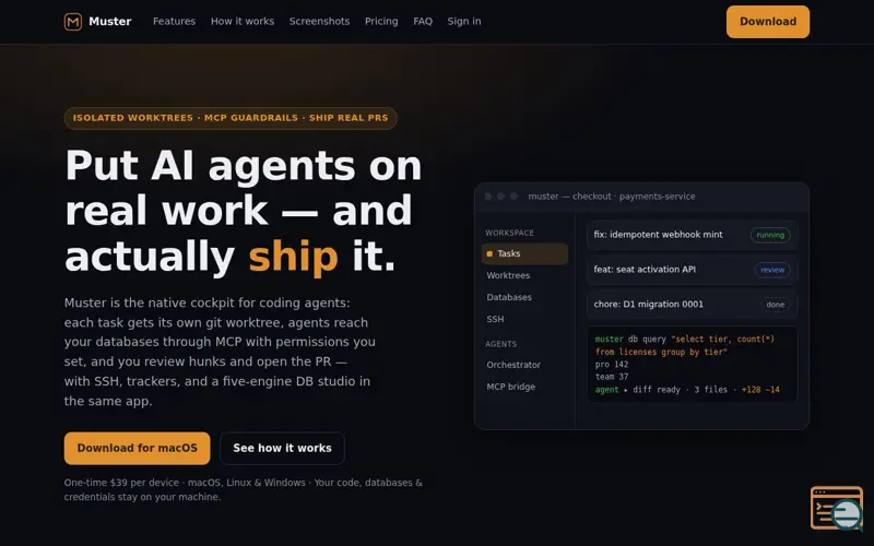Screenshot of Muster — run AI agents on real work and ship it