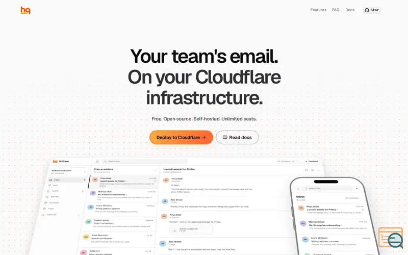 Screenshot of HQBase — shared email, on your own cloud