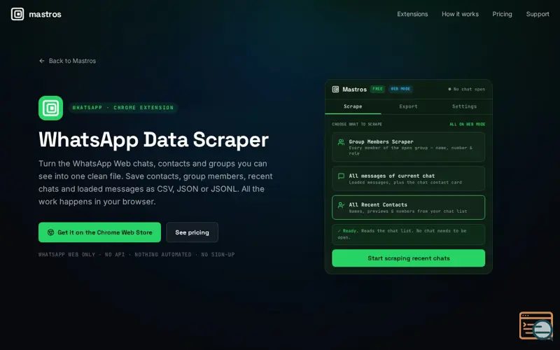 Screenshot of Mastros - Whatsapp Scraper, a launch using FireCMS