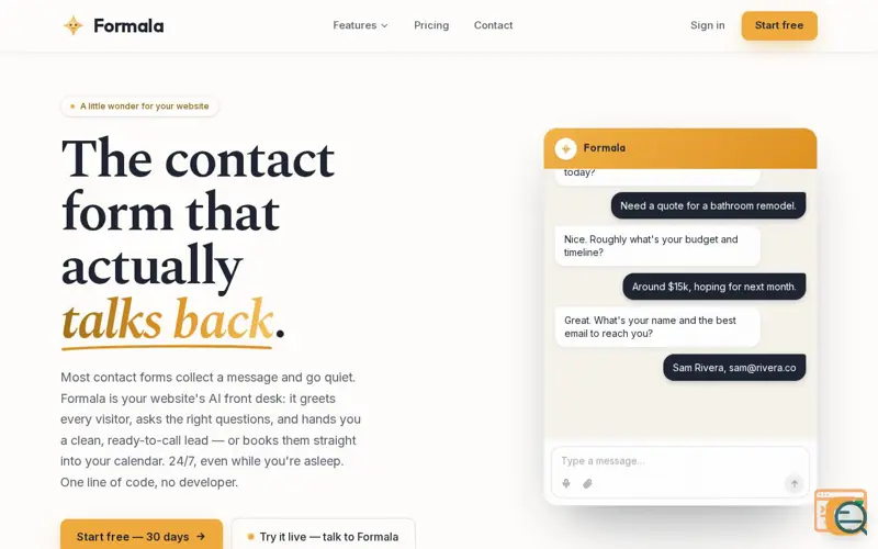 Screenshot of Formala — the contact form that talks back | AI lead capture, a launch using Formala