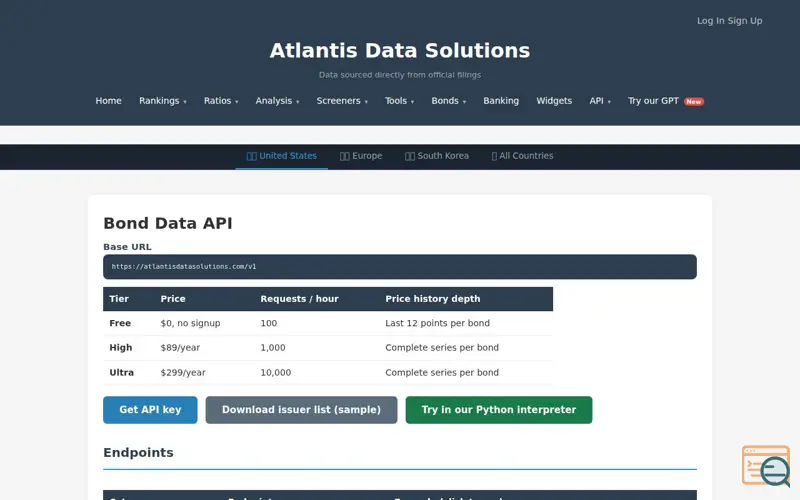Screenshot of Bond Data API by Atlantis Data Solutions