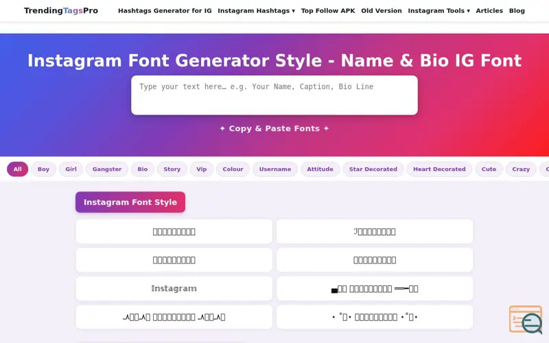 Screenshot of Instagram font generator for stylish