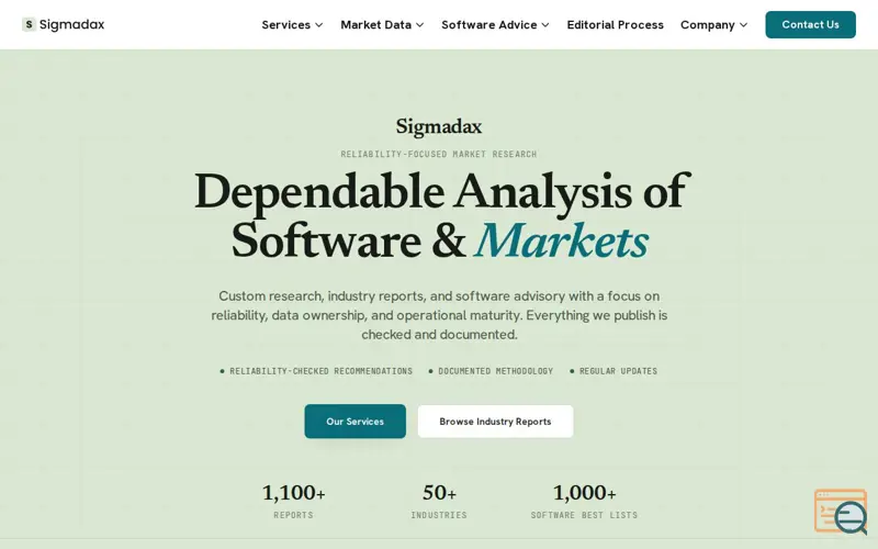 Screenshot of Sigmadax — Reliability-Focused Market Research & Software Advisory, a launch using Blockthrough
