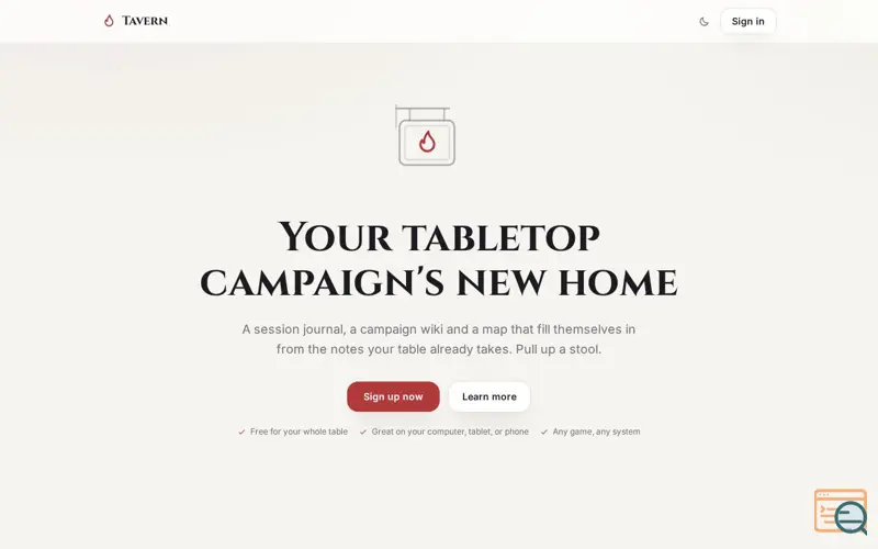 Screenshot of Tavern: your tabletop campaign's new home