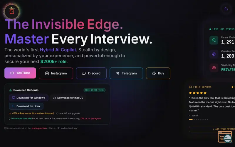 Screenshot of QuiteWin — Invisible AI Interview Copilot