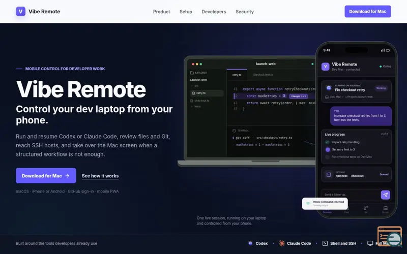 Screenshot of Vibe Remote — Control your dev laptop from your phone