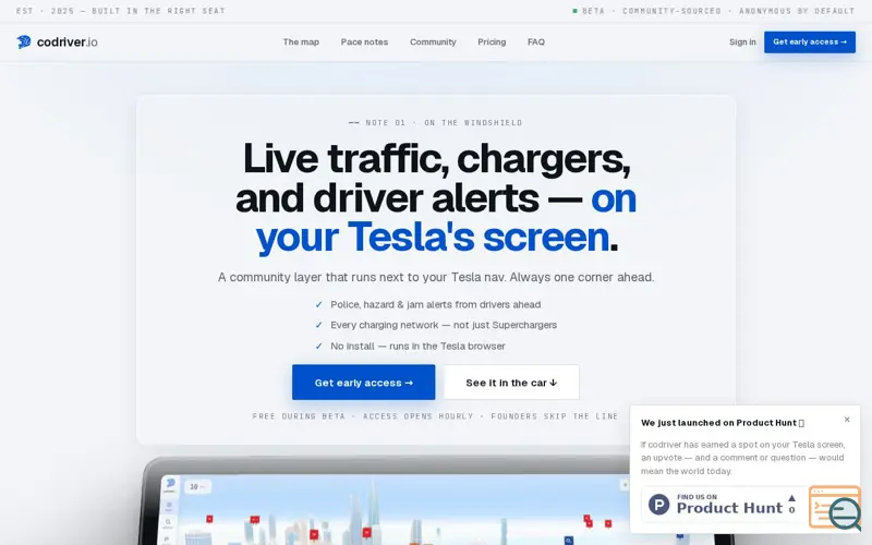 Screenshot of codriver.io — the codriver Tesla didn't ship