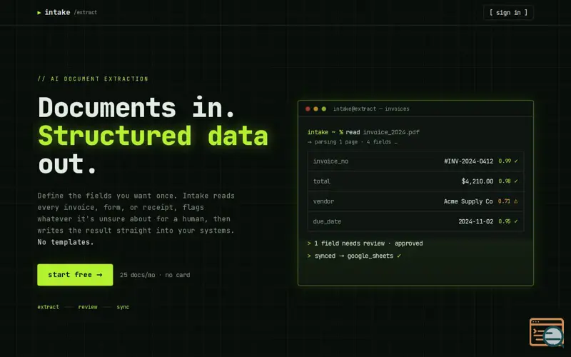 Screenshot of Intake