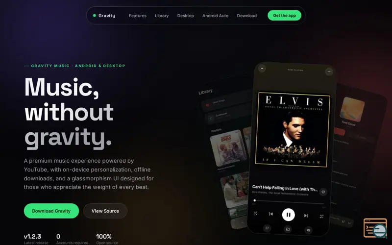 Screenshot of Gravity Music — Music, without gravity.