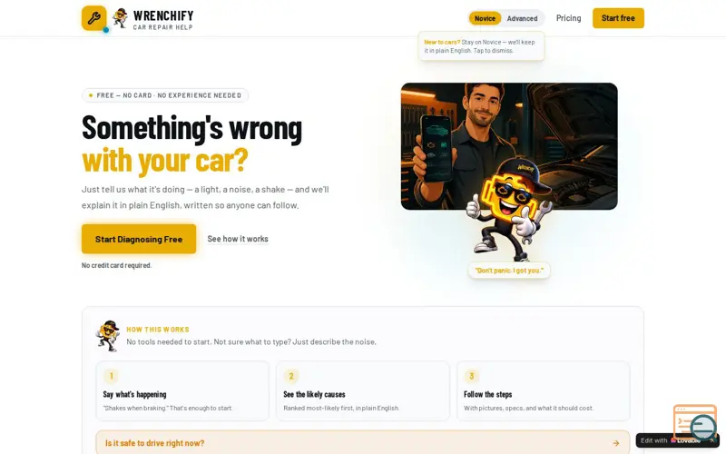 Screenshot of Wrenchify — AI Auto Diagnostics & Invoicing