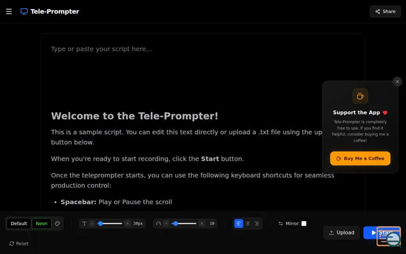 Screenshot of Free Online Teleprompter