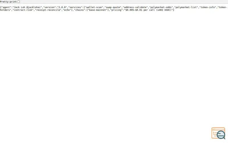 Screenshot of x402 wallet API: 9 Base endpoints, USDC