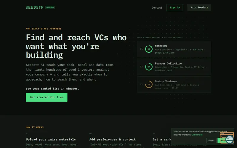 Screenshot of Seedstr — Find and reach VCs who want what you're building