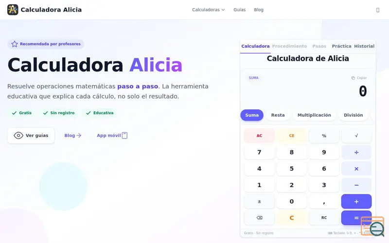 Screenshot of Calculadora Alicia — Online Gratis Paso a Paso | Matemáticas Educativas