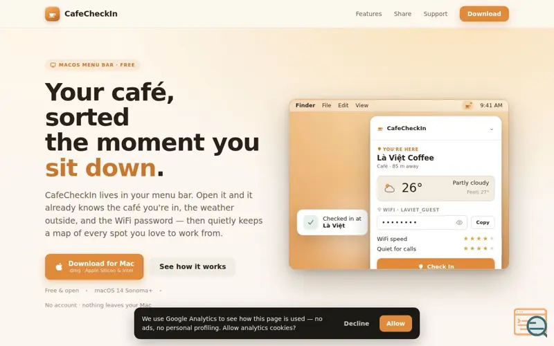 Screenshot of CafeCheckIn, Your café sorted the moment