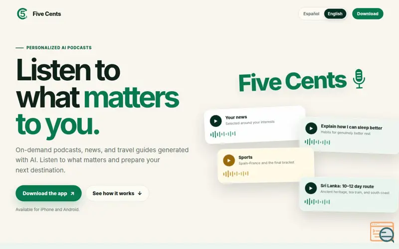 Screenshot of Five Cents · Podcasts personalizados con IA