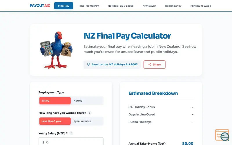 Screenshot of NZ Final Pay Calculator
