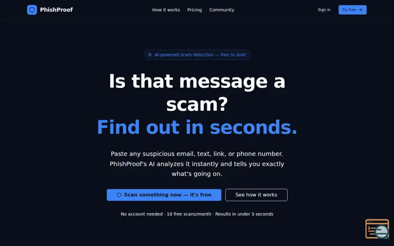 Screenshot of AI powered Scam Detector; Stop Scammers