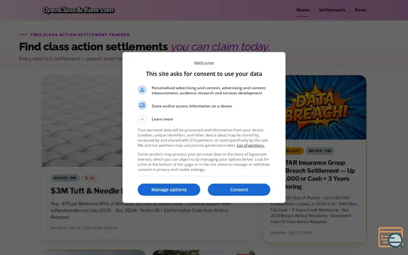 Screenshot of OpenClassActions.com