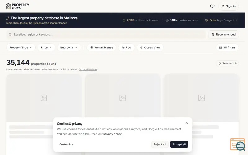 Screenshot of Property Guys, a launch using Scaleflex