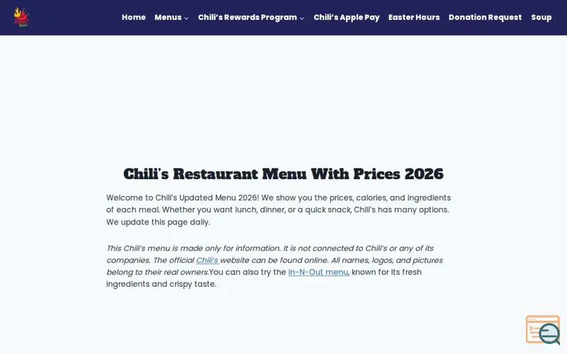 Screenshot of chili's menu