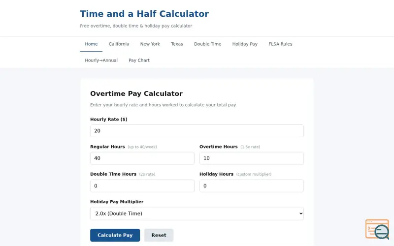 Screenshot of Time and a Half Calculator