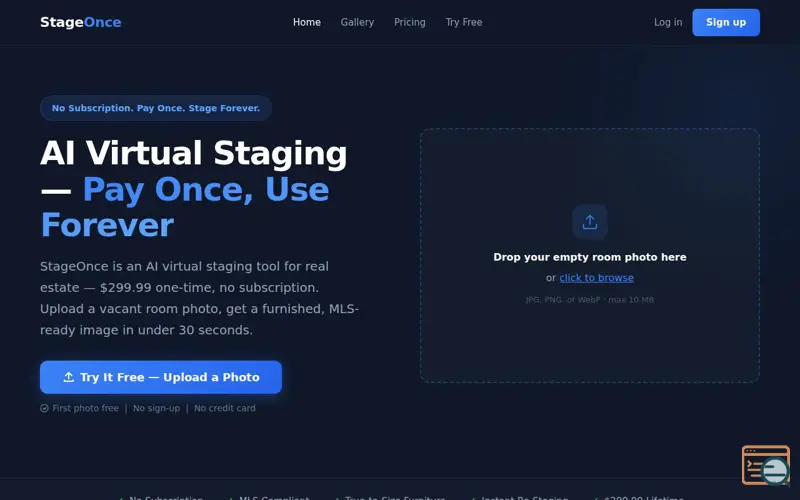 Screenshot of StageOnce — AI Virtual Staging | Pay Once, No Subscription