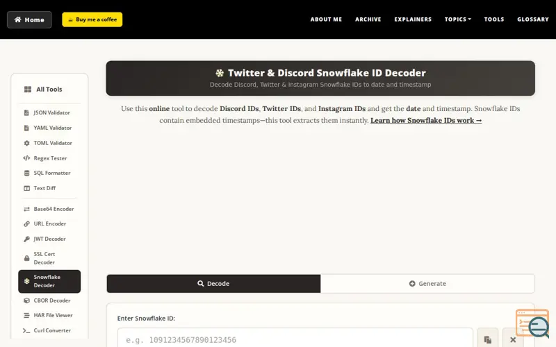 Screenshot of Snowflake ID Decoder