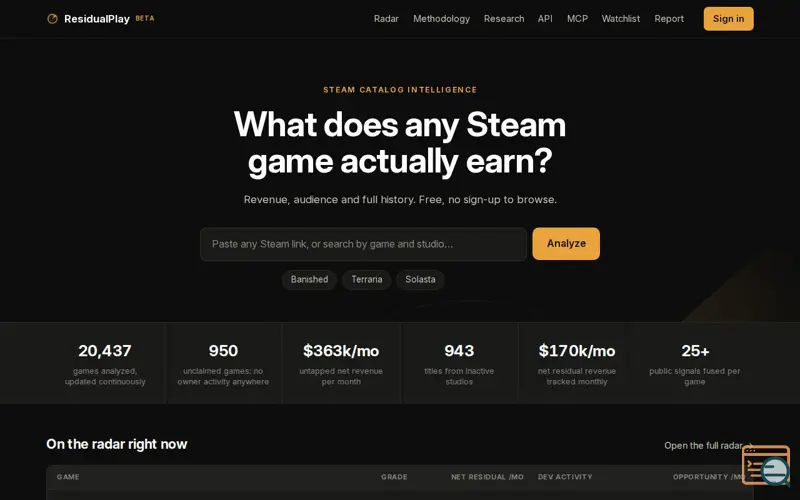 Screenshot of ResidualPlay: revenue their developers forgot