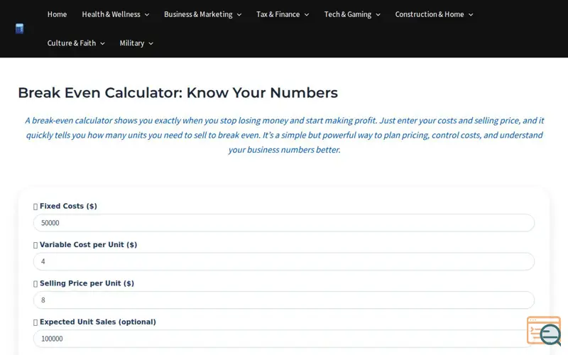 Screenshot of Free Break Even Calculator, a launch using nap5k Ad Network