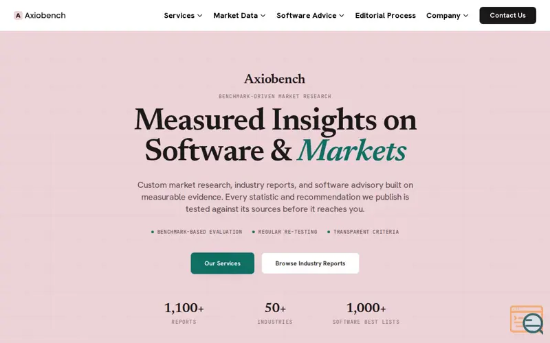 Screenshot of Axiobench — Benchmark-Driven Market Research & Software Advisory, a launch using Blockthrough